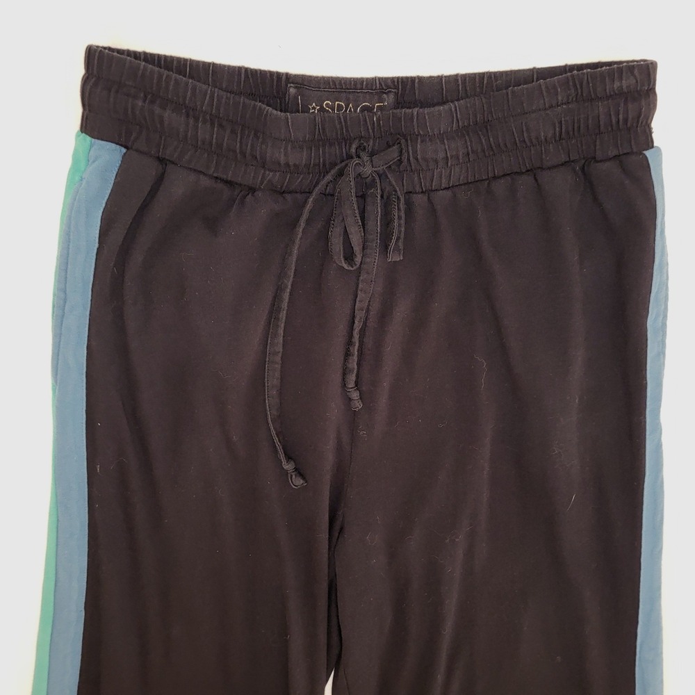 L*Space Black Wide Leg Blue Stripe Joggers Lounge Yoga Baggy Workout Pants M - Picture 3 of 9